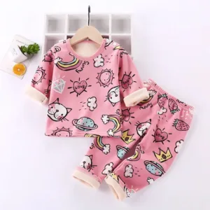 Mini Fashion™ - Kinder Cartoon Fleece Pyjama Roze - liefde / Maat 120 (5-6 jaar) | Educatief Speelgoed