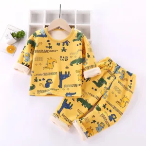 Mini Fashion™ - Kinder Cartoon Fleece Pyjama Geel - Dino's / Maat 130 (6-7 jaar) | Educatief Speelgoed