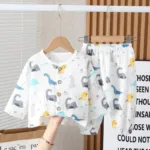 Mini Fashion™ - Luchtig Materiaal - Linnen Kleding Set Wit - Dinosaurus / 120 (4-5 jaar) | Educatief Speelgoed