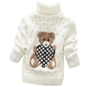Mini Fashion™ - Kabeltrui met rolkraag Wit met beer / Maat 122 (7-8 jaar) | Educatief Speelgoed