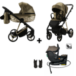 Kinderwagen Adamex Quantum Glossy Gold + Autostoel Jacky Pro 360° Dark Taupe&Base&Adapterset
