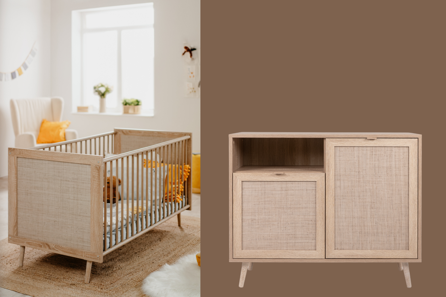 Babykamer Finori Bali Eiken/Riet Decor (Ledikant + Commode) - Afbeelding 1