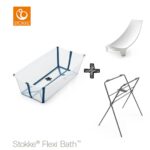 Set | Stokke® Flexi Bath® Transparant Blue met Badstandaard en Newborn Support