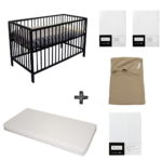 Set | Ledikant Open Basic Black + Matras Simply Go + Hoeslaken Meyco Wit (2st) + Laken Meyco Wit + Deken Meyco Basic Taupe