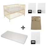 Set | Ledikant Open Basic Naturel + Matras Simply Go + Hoeslaken Meyco Wit (2st) + Laken Meyco Wit + Deken Meyco Basic Taupe