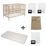 Set | Ledikant Open Basic Sand + Matras Simply Go + Hoeslaken Meyco Wit (2st) + Laken Meyco Wit + Deken Meyco Basic Taupe
