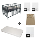Set | Ledikant Open Basic Grey + Matras Simply Go + Hoeslaken Meyco Wit (2st) + Laken Meyco Wit + Deken Meyco Basic Taupe