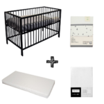 Set | Ledikant Open Basic Black + Matras Simply Go + Hoeslaken Meyco Wit + Laken Birds Organic Tornado Grey