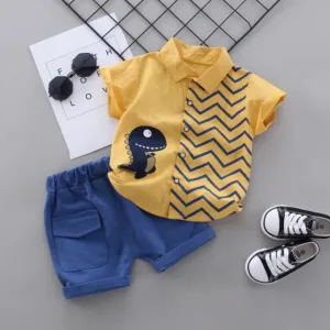Mini Fashion™ - Overhemd dino met broekje Geel / 90 (2 jaar) | Educatief Speelgoed