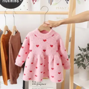 Mini Fashion™ - Lekker Warm - Fleece Jurk Roze - Rode Hartjes / 80 (6 - 12 maanden) | Educatief Speelgoed