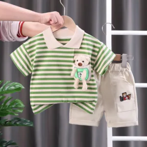 Mini Fashion™ - Streepjespak - Katoenen Kledingset Groen / 110 (5 jaar) | Educatief Speelgoed