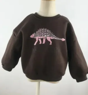 Mini Fashion™ - Leuke Printen - Trui Donker Bruin - Dino / 90 (2 jaar) | Educatief Speelgoed