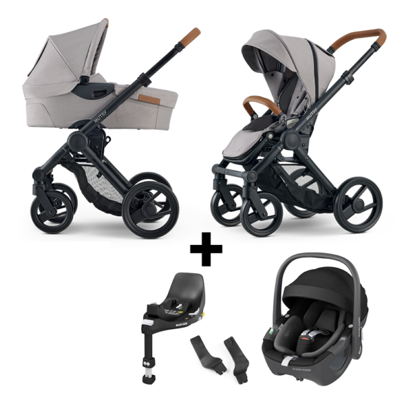 Kinderwagen Mutsy Evo Concrete Melange/Cognac + Autostoel Maxi-Cosi Pebble 360, Base&Adapterset - Afbeelding 1