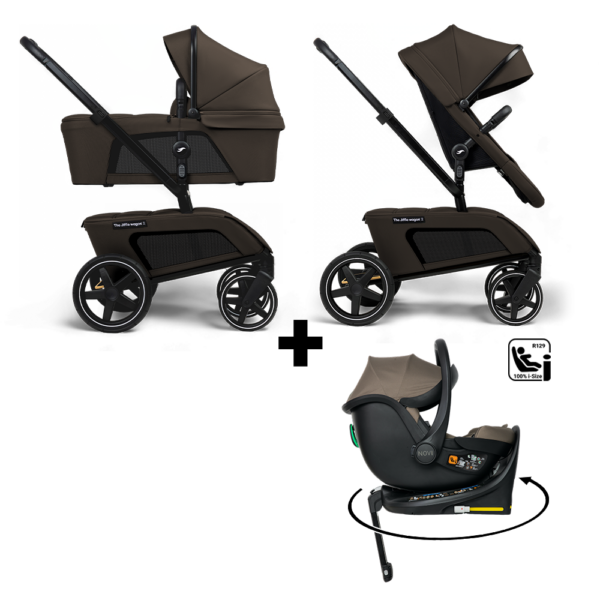 Set | Kinderwagen The Jiffle Wagon 2 Oak + Autostoel Novi Baby Jacky Pro 360 All Black Base + Voetenzak - Afbeelding 1