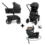 Set |Kinderwagen The Jiffle Wagon 2 Black Incl. Autostoel Novi Baby Jacky Pro 360 Dark Taupe&Base + Voetenzak