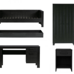 Kinderkamer Woood Dennis Bedbank 1-pers + 2-deurs Kast + Nachtkast + Matras/Bedlade + Bureau Zwart Geborsteld