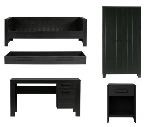 Kinderkamer Woood Dennis Bedbank 1-pers + 2-deurs Kast + Nachtkast + Matras/Bedlade + Bureau Zwart Geborsteld - Afbeelding 1