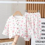 Mini Fashion™ - Luchtig Materiaal - Linnen Kleding Set Wit - Roze Bloemetjes / 100 (2-3 jaar) | Educatief Speelgoed