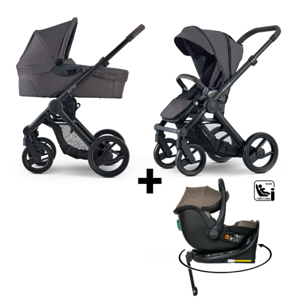 Set | Kinderwagen Mutsy Evo Stone Grey/Dark Brown + Autostoel Jacky Pro 360° Dark Taupe&Base - Afbeelding 1