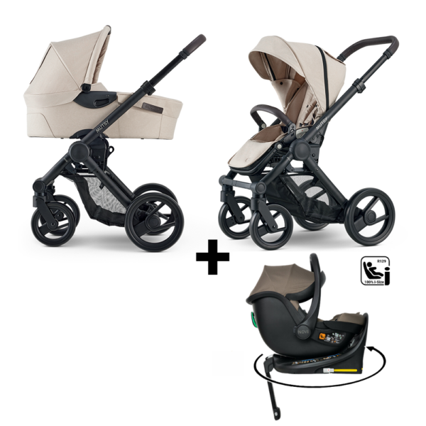 Set | Kinderwagen Mutsy Evo Stone Infinite Sand/Dark Brown + Autostoel Jacky Pro 360° Dark Taupe&Base - Afbeelding 1