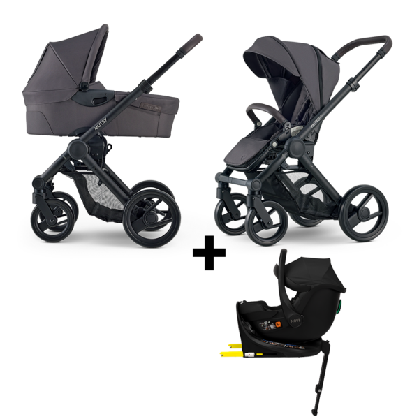 Set | Kinderwagen Mutsy Evo Stone Grey/Dark Brown Met Autostoel Novi Baby® Jacky Pro En 360 Base - Afbeelding 1