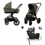 Kinderwagen Novi Baby® Nena Pro Green Melange met Autostoel Jacky Pro 360 Dark Taupe&Base
