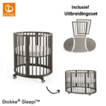 Set | Mini Bed Stokke® Sleepi™ Hazy Grey incl. Matras + Sleepi™ Uitbreidingsset + Piekstok&Sluier