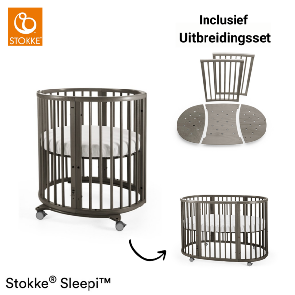 Set | Mini Bed Stokke® Sleepi™ Hazy Grey incl. Matras + Sleepi™ Uitbreidingsset + Piekstok&Sluier - Afbeelding 1