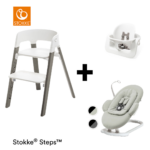 Kinderstoel Stokke® Steps™ White/Hazy Grey met Babyset&Wipstoel Soft Sage