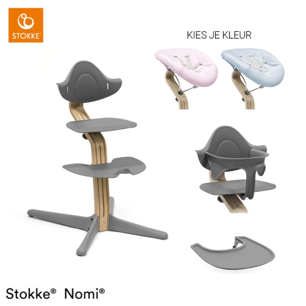 Set Compleet | Kinderstoel Stokke® Nomi Grey/Oak incl. Newbornset en Babyset en Eetblad - Afbeelding 1