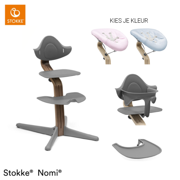 Set Compleet | Kinderstoel Stokke® Nomi Grey/Walnut incl. Newbornset en Babyset en Eetblad - Afbeelding 1