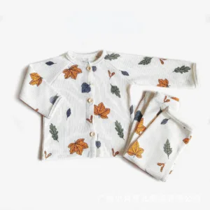 Mini Fashion™ - Luchtig Katoen - Kinder Pyjama Wit - Bladeren / 110 (4 jaar) | Educatief Speelgoed