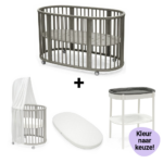 Set | Bed Stokke® Sleepi™ V3 Hazy Grey + Verschoontafel incl. Matras, Piekstok en Sluier + Bladvergroter