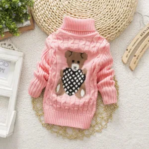 Mini Fashion™ - Kabeltrui met rolkraag Rozen met beer / Maat 110 (5-6 jaar) | Educatief Speelgoed