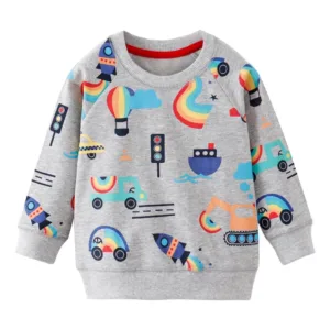 Mini Fashion™ - Geweldige Printen - Sweater Grijs - Machines / 90 (2 jaar) | Educatief Speelgoed