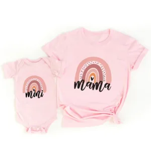 Mini Fashion™ - Mama&Dochter - Matchende Shirt&Romper Roze - Regenboog Met Print / Baby's 70 - (12-18 maanden) | Educatief Speelgoed