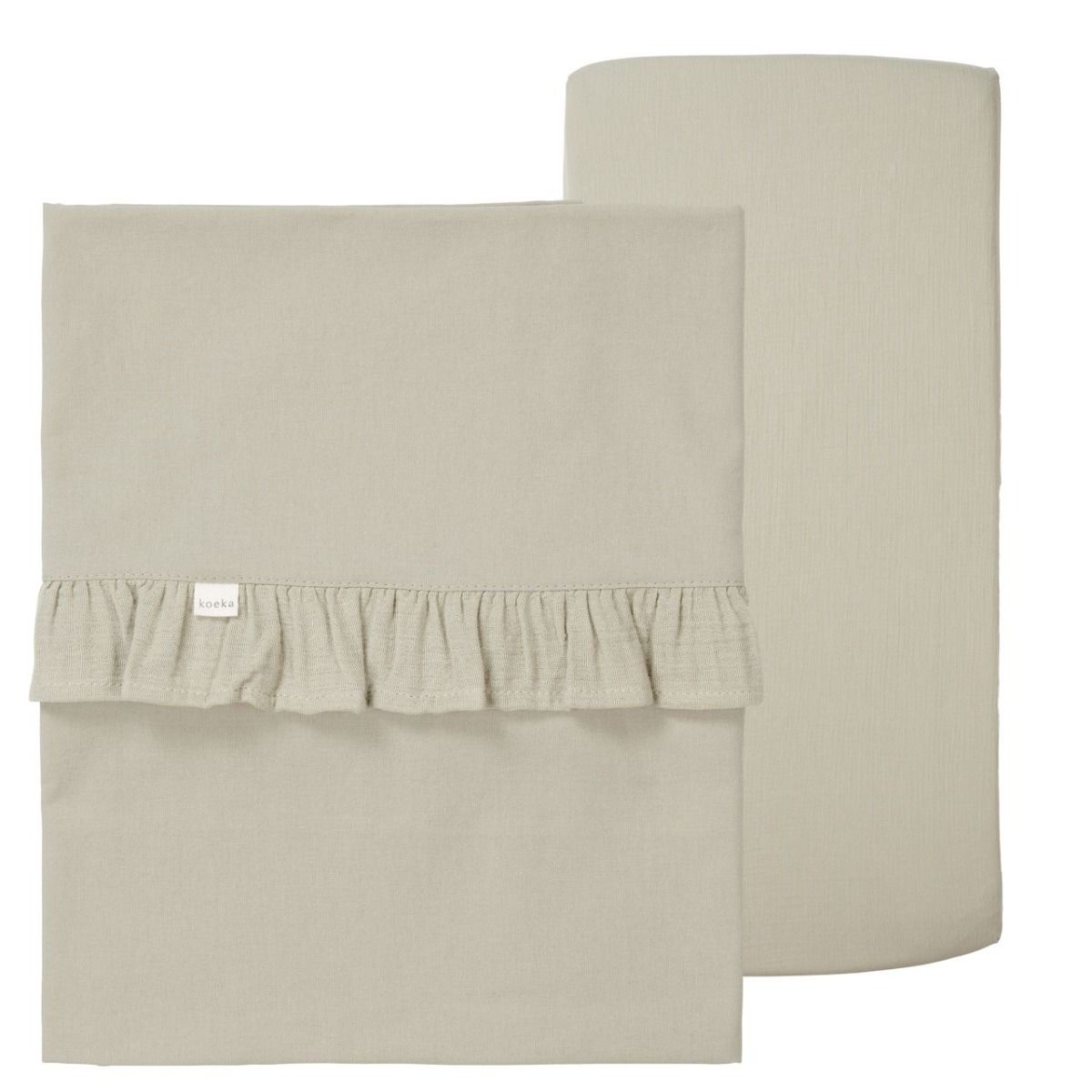 Set | Laken Ledikant + Hoeslaken Ledikant Ruffle Faro Warm White Sage - Afbeelding 1
