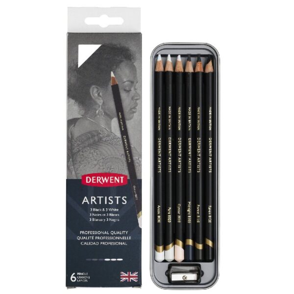 Derwent Artists potloden - 3x wit + 3x zwart - Afbeelding 1
