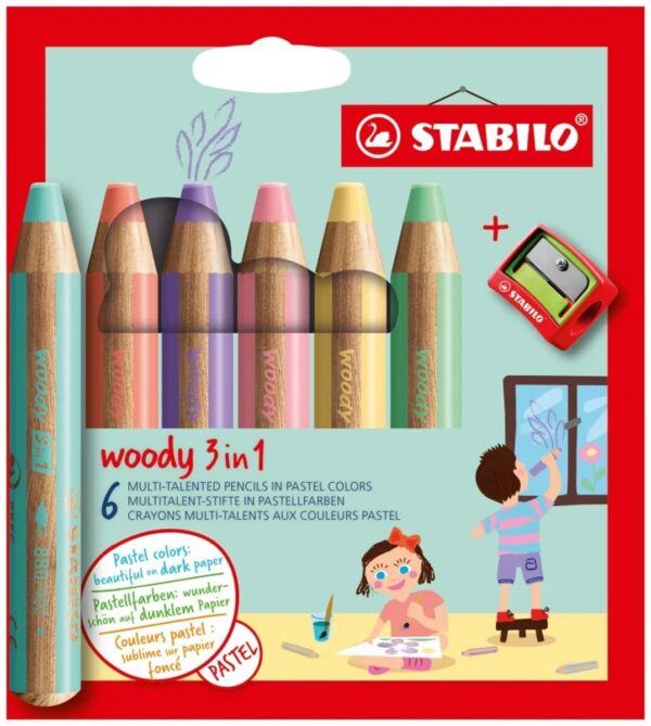 STABILO woody 3 in 1 Pastel - 6 stuks + puntenslijper - Afbeelding 1