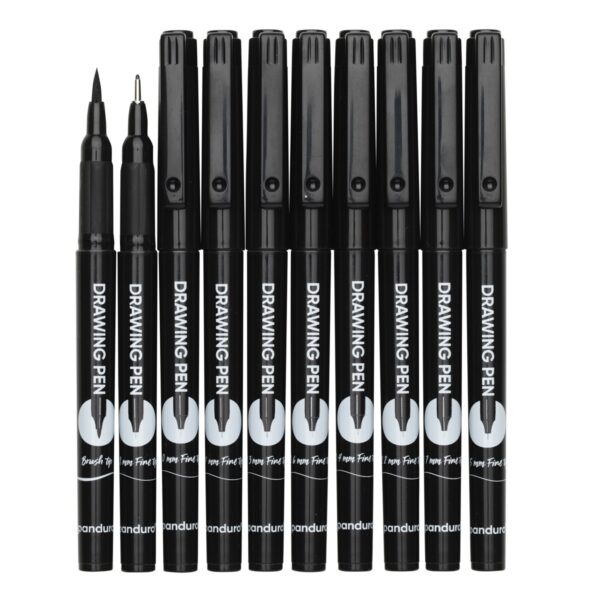 Tekenpennen - 10 stuks - fineliners + brushpen - zwart - Afbeelding 1