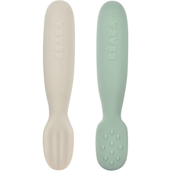 Oefenlepels Béaba Siliconen Sage Green/Velvet Grey 2st - Afbeelding 1