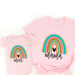 Mini Fashion™ - Mama&Dochter - Matchende Shirt&Romper Roze - Gekleurde Regenboog / Baby's 60 - (9-12 maanden) | Educatief Speelgoed