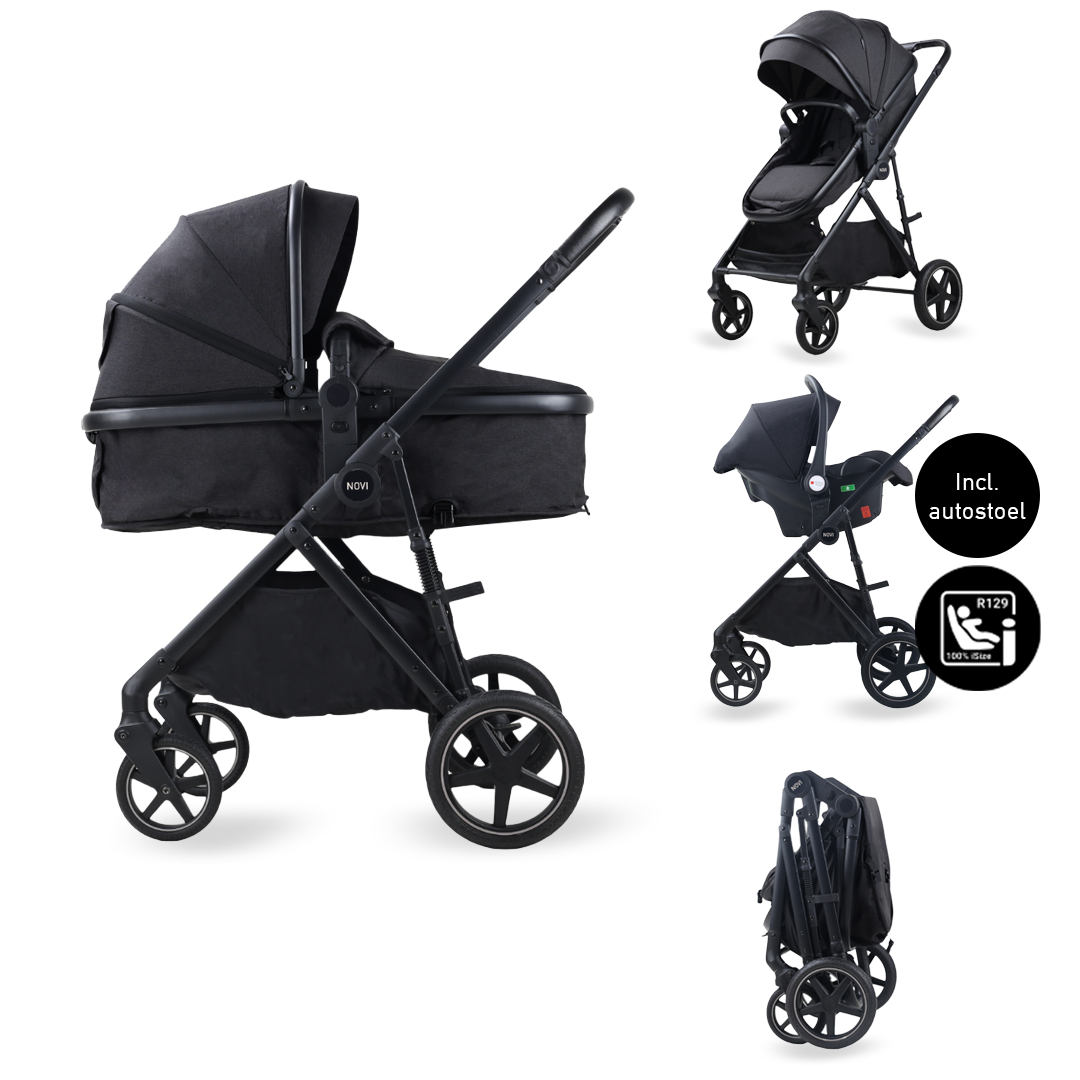 Kinderwagen Novi Baby® Jaxx 3-in-1 Black Melange met Autostoel - Afbeelding 1
