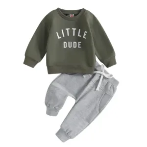 Mini Fashion™ - Stoere'Little Dude'Set Katoen Leger groen / Maat 100 (18-24 maanden) | Educatief Speelgoed