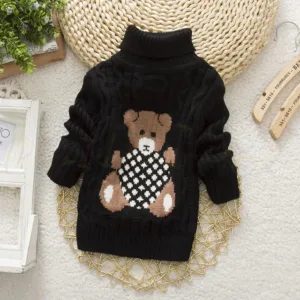 Mini Fashion™ - Kabeltrui met rolkraag Zwart met beer / Maat 104 (4-5 jaar) | Educatief Speelgoed