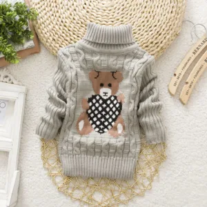 Mini Fashion™ - Kabeltrui met rolkraag Grijs met beer / Maat 98 (3-4 jaar) | Educatief Speelgoed