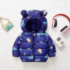 Mini Fashion™ - Polyester winterjas met Capuchon Donkerblauw - Cartoon Boom-patroon / 120 (7-8 jaar) | Educatief Speelgoed