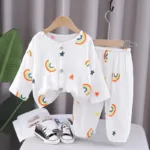 Mini Fashion™ - Luchtig Materiaal - Linnen Kleding Set Wit - Regenboog / 90 (1-2 jaar) | Educatief Speelgoed