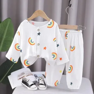 Mini Fashion™ - Luchtig Materiaal - Linnen Kleding Set Wit - Regenboog / 90 (1-2 jaar) | Educatief Speelgoed