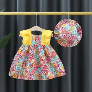 Mini Fashion™ - Schattig Bloemen Ontwerp - Meiden Jurk met hoed Geel / 6 | Educatief Speelgoed